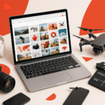 Рабочее место контент-мейкера: ноутбук со стоковыми фото, камера и дрон — обзор Shutterstock