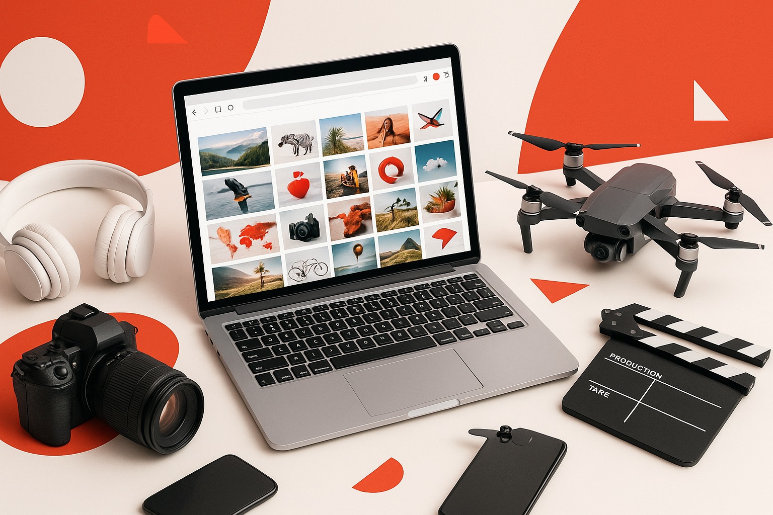 Рабочее место контент-мейкера: ноутбук со стоковыми фото, камера и дрон — обзор Shutterstock