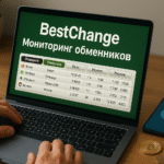 BestChange — мониторинг обменников: человек за ноутбуком сравнивает курсы; на столе смартфон с уведомлением, банковские карты и монеты