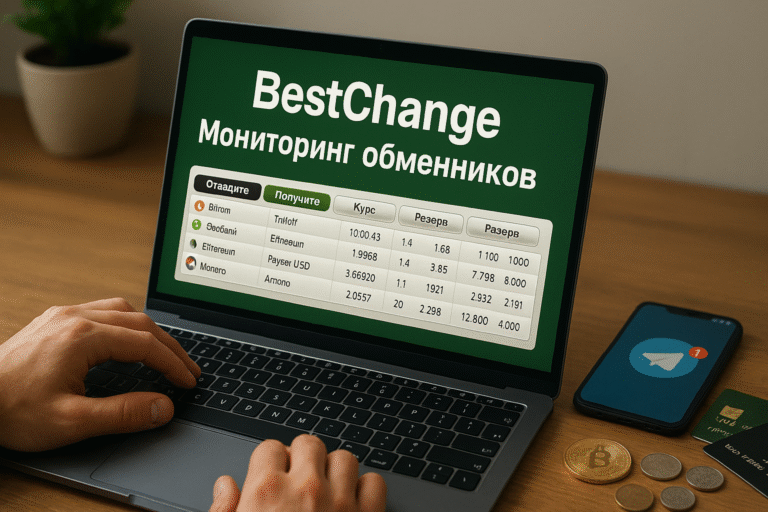 BestChange — мониторинг обменников: человек за ноутбуком сравнивает курсы; на столе смартфон с уведомлением, банковские карты и монеты