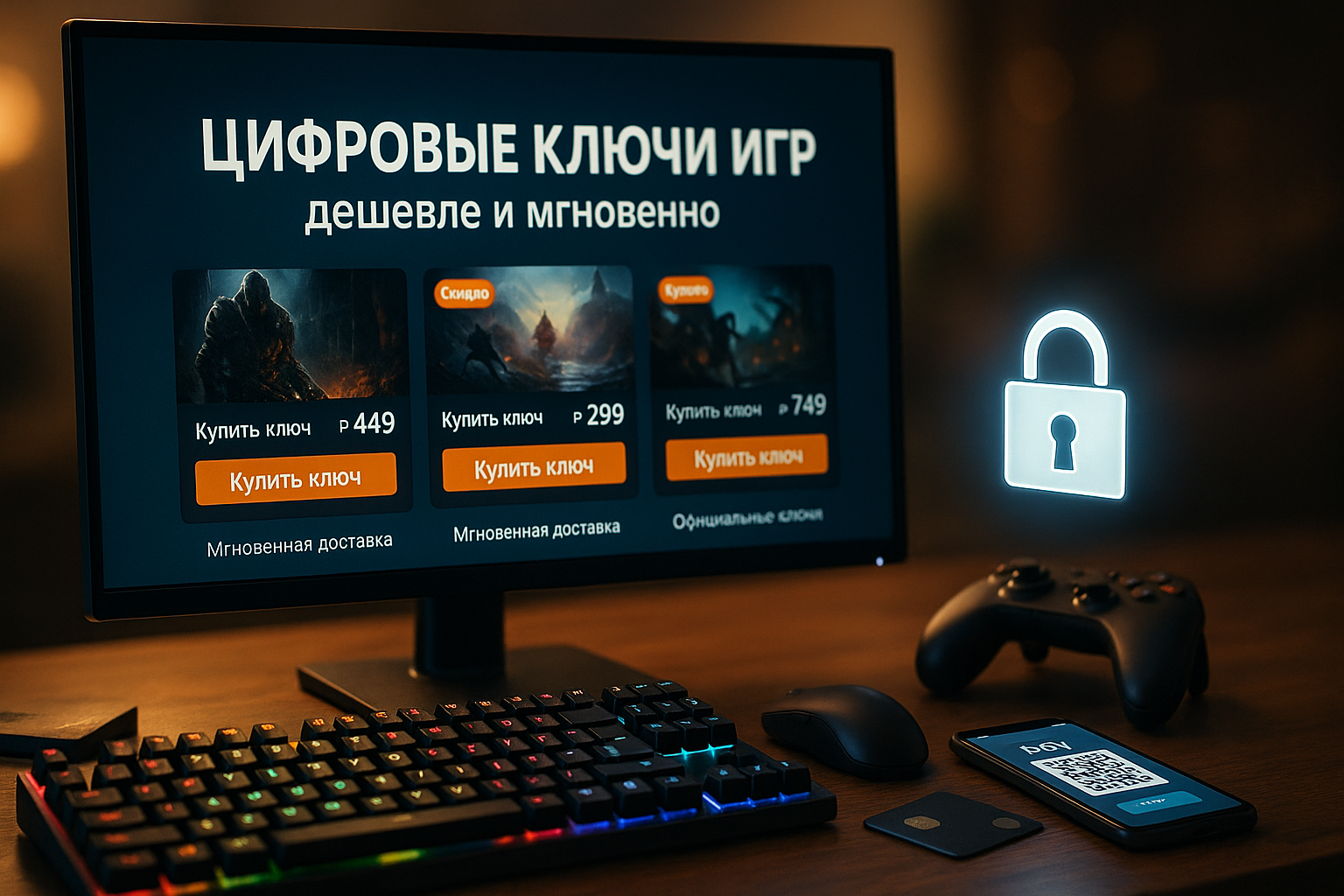Монитор с витриной цифровых ключей и ценами, RGB-клавиатура, смартфон с QR — покупка игр онлайн