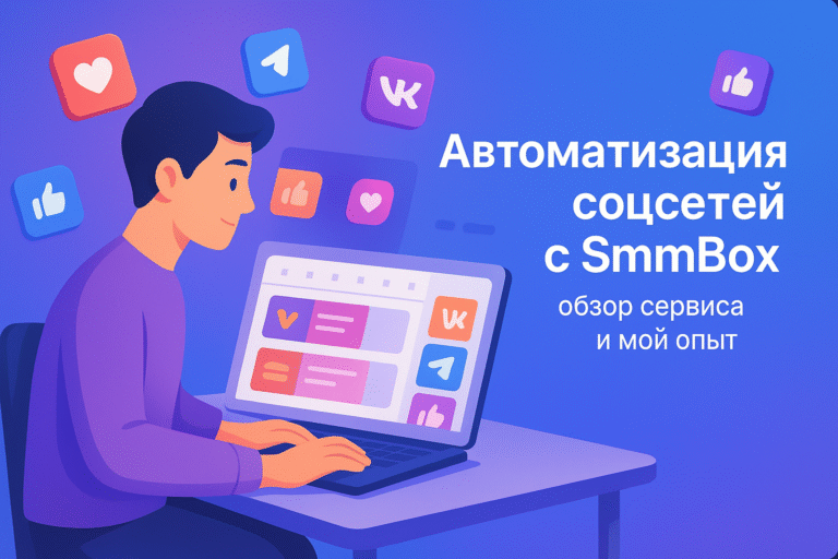Иллюстрация: человек планирует посты в соцсетях через сервис SmmBox, автоматизация и календарь публикаций