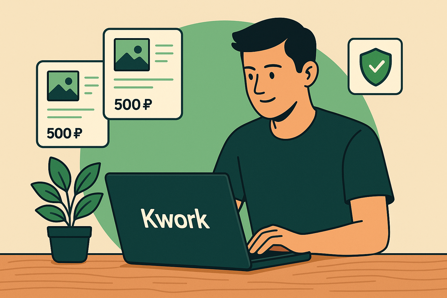 Фрилансер за ноутбуком на платформе Kwork, на экране карточки услуг и значок безопасной сделки