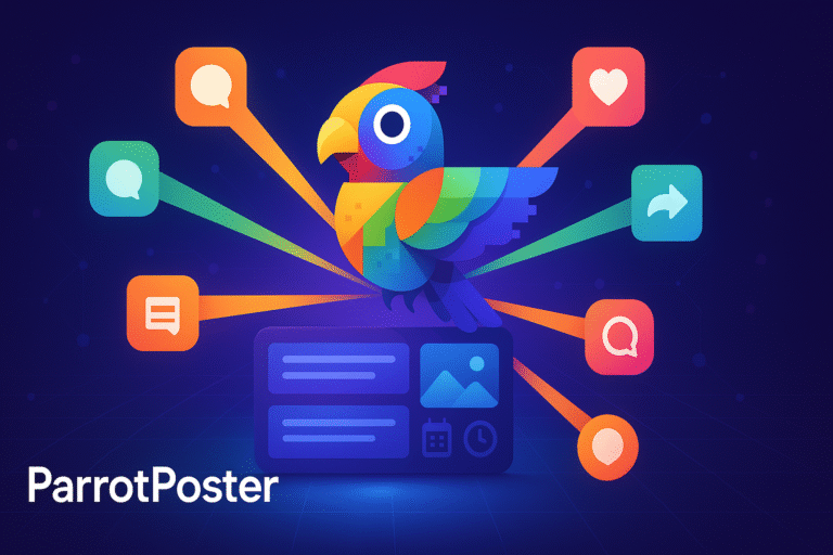 ParrotPoster – сервис автопостинга: яркий попугай-логотип и иконки соцсетей, выходящие лучами из панели управления