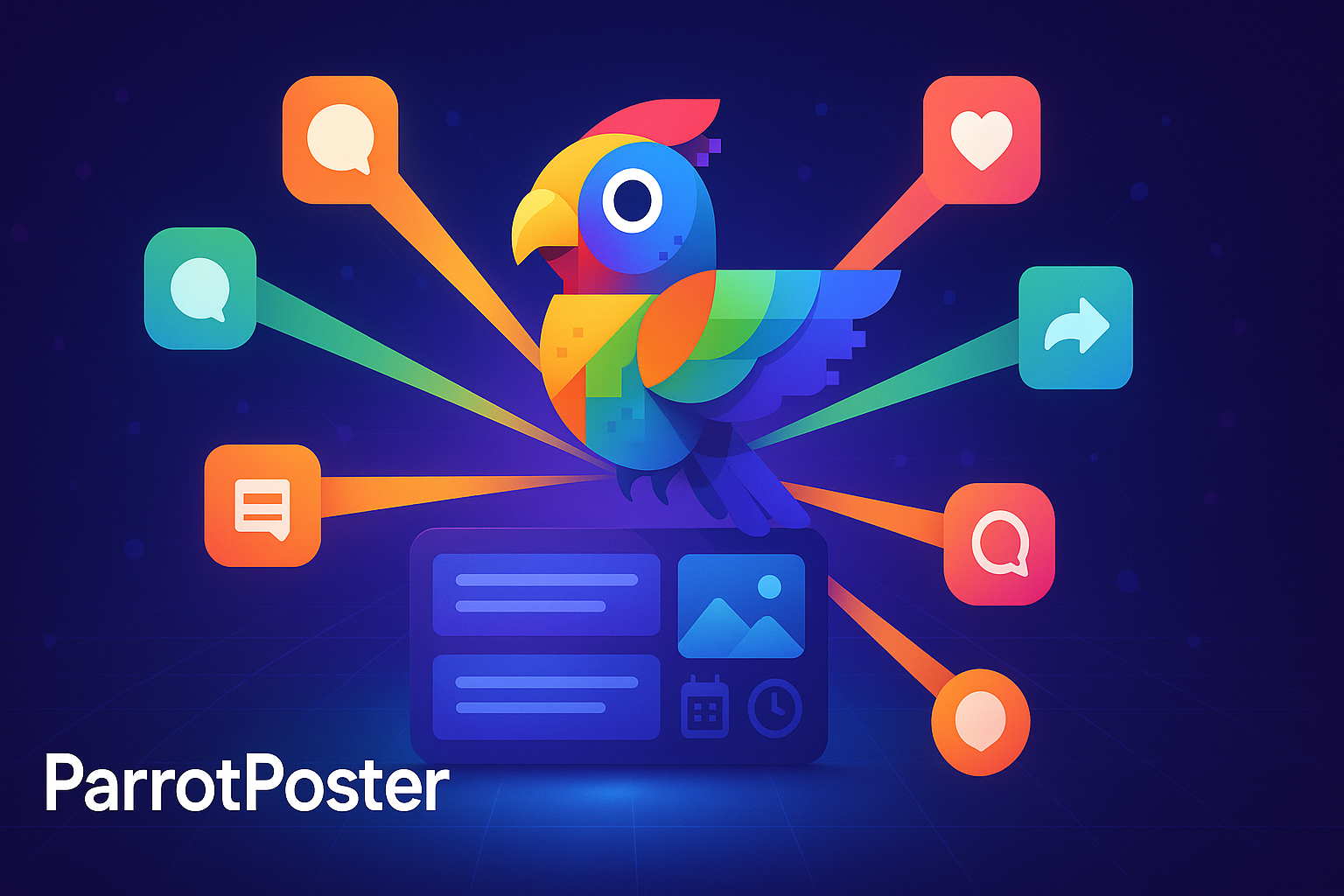 ParrotPoster – сервис автопостинга: яркий попугай-логотип и иконки соцсетей, выходящие лучами из панели управления