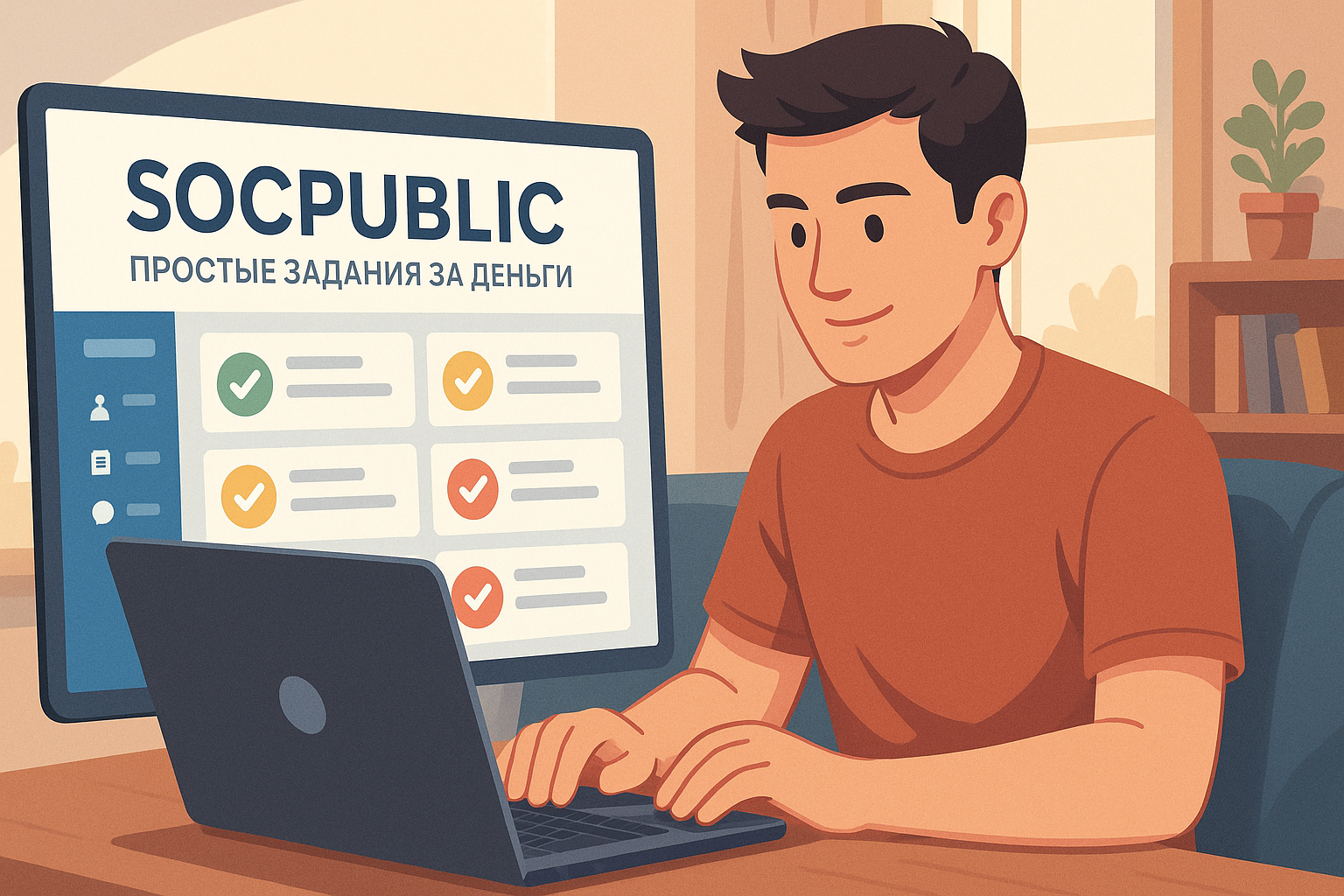 Молодой мужчина за ноутбуком зарабатывает на простых заданиях через платформу Socpublic дома