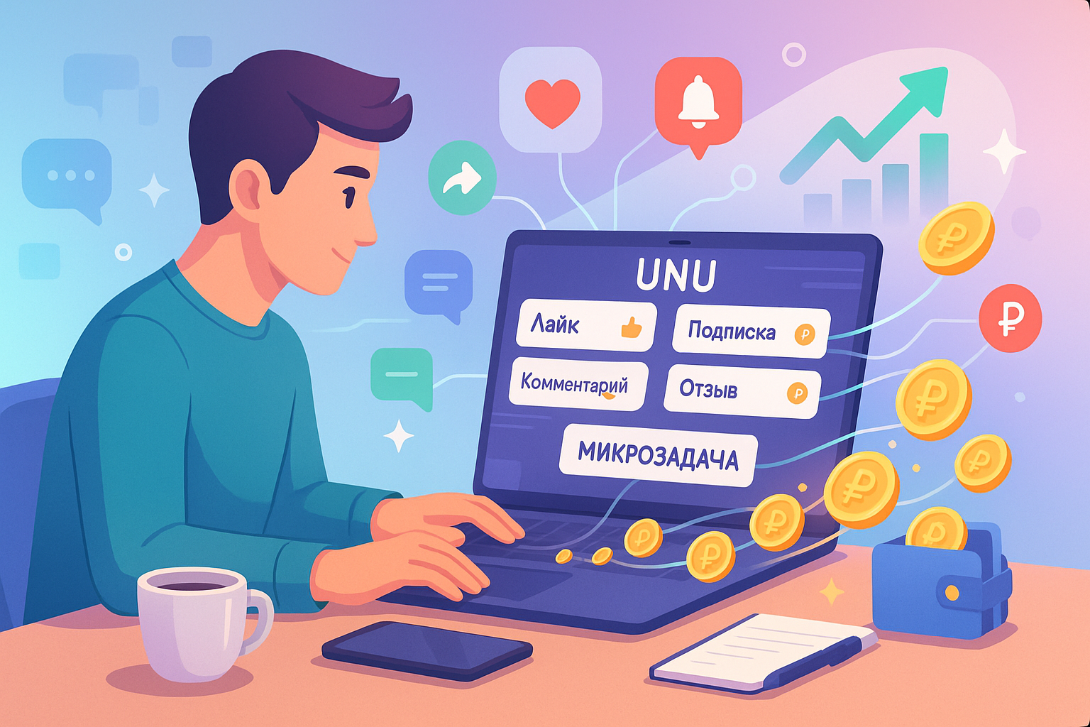 Фрилансер за ноутбуком выполняет микрозадачи на платформе UNU и зарабатывает на простых заданиях